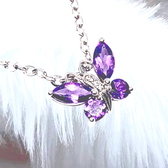 .Sterling Silver Butterfly Pendant with Natural Amethyst. Stainless Steel Neck - Picture 4 of 8